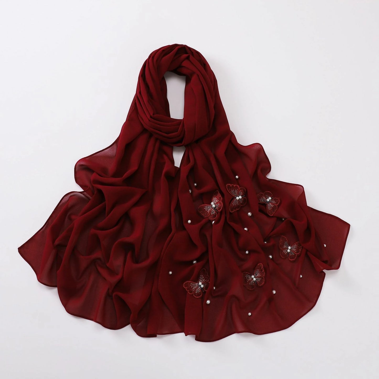 Wholesale Pearl Butterfly Chiffon Hijab 3D Embroidered Cloud Dancer Muslim Scarf Shawl