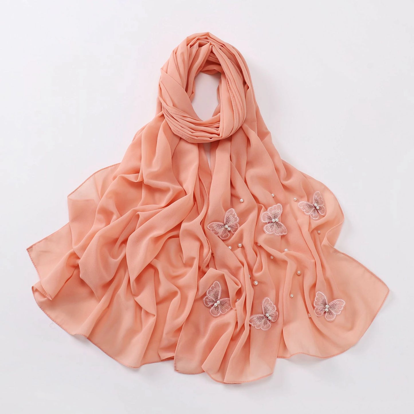 Wholesale Pearl Butterfly Chiffon Hijab 3D Embroidered Cloud Dancer Muslim Scarf Shawl