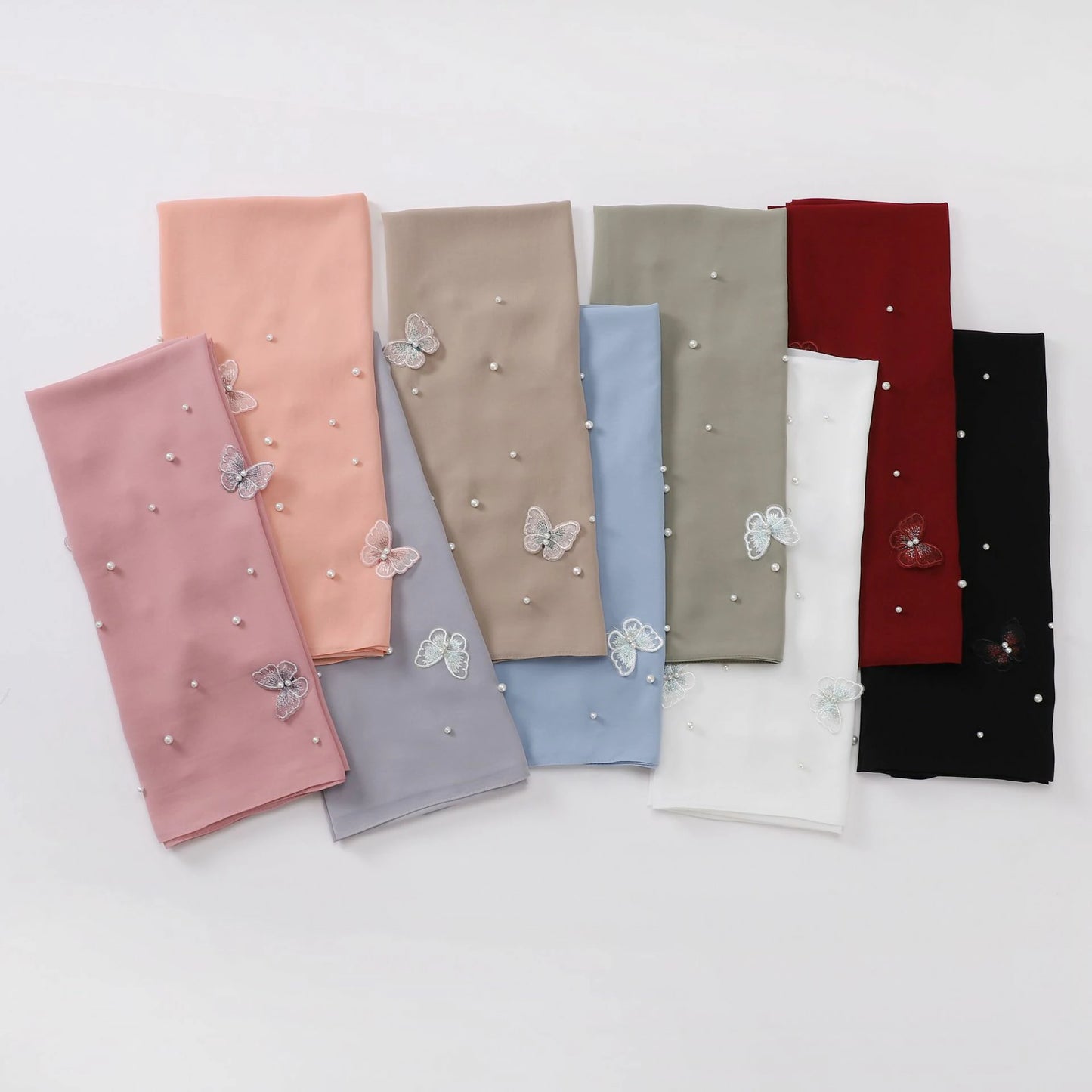 Wholesale Pearl Butterfly Chiffon Hijab 3D Embroidered Cloud Dancer Muslim Scarf Shawl