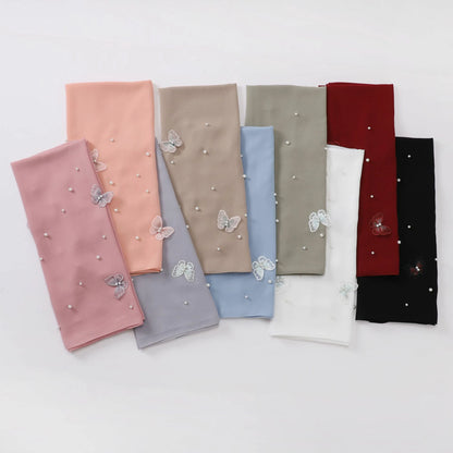 Wholesale Pearl Butterfly Chiffon Hijab 3D Embroidered Cloud Dancer Muslim Scarf Shawl