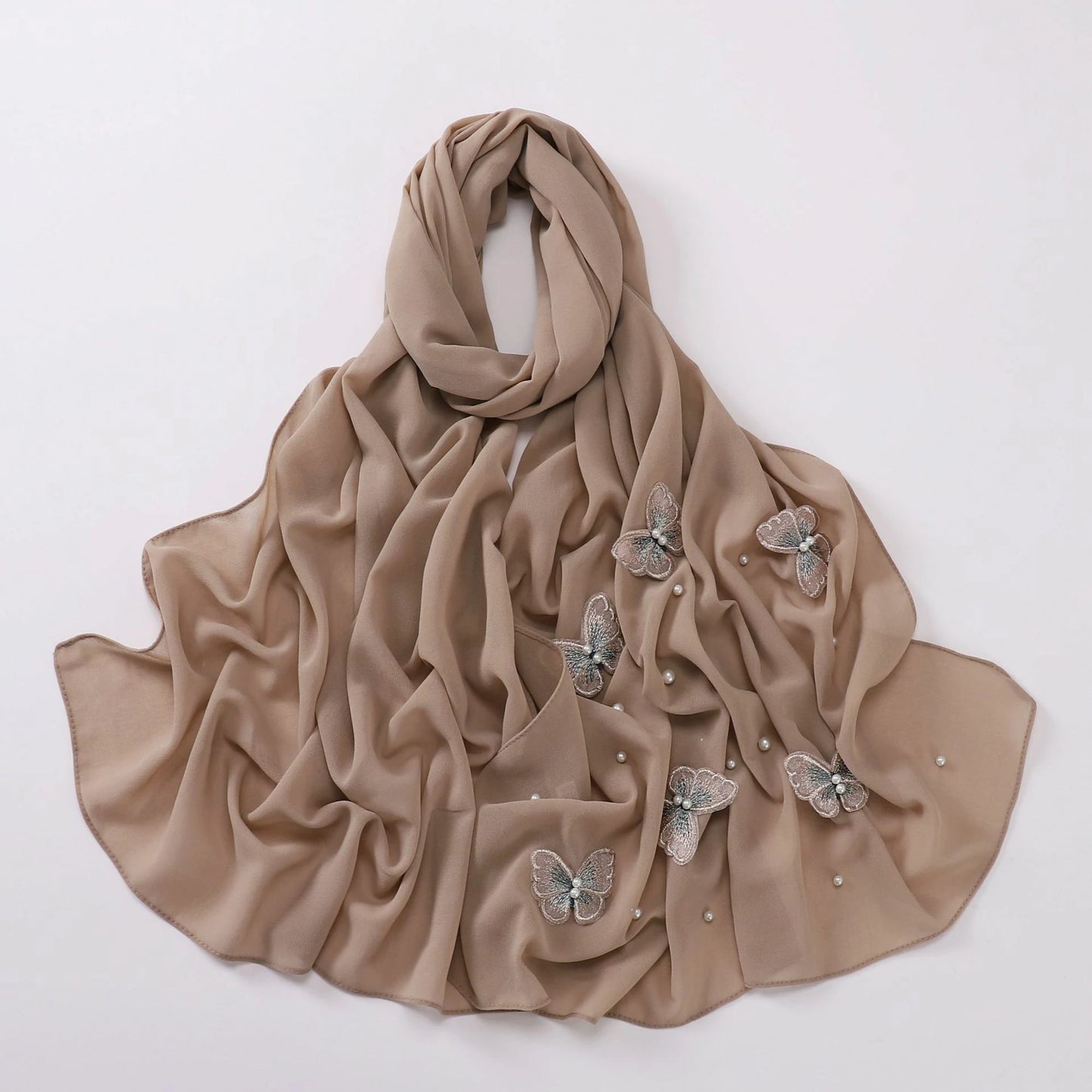 Wholesale Pearl Butterfly Chiffon Hijab 3D Embroidered Cloud Dancer Muslim Scarf Shawl