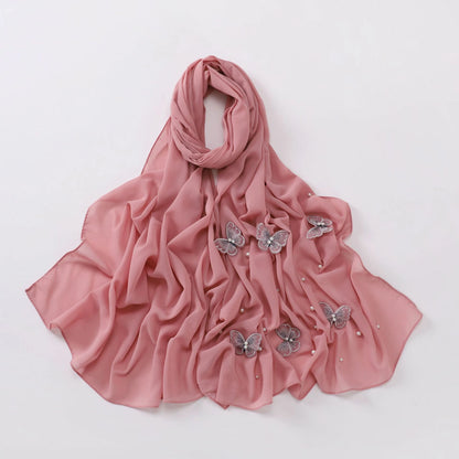 Wholesale Pearl Butterfly Chiffon Hijab 3D Embroidered Cloud Dancer Muslim Scarf Shawl