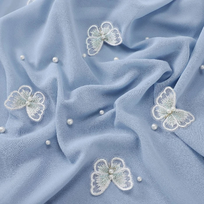 Wholesale Pearl Butterfly Chiffon Hijab 3D Embroidered Cloud Dancer Muslim Scarf Shawl