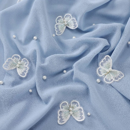 Wholesale Pearl Butterfly Chiffon Hijab 3D Embroidered Cloud Dancer Muslim Scarf Shawl