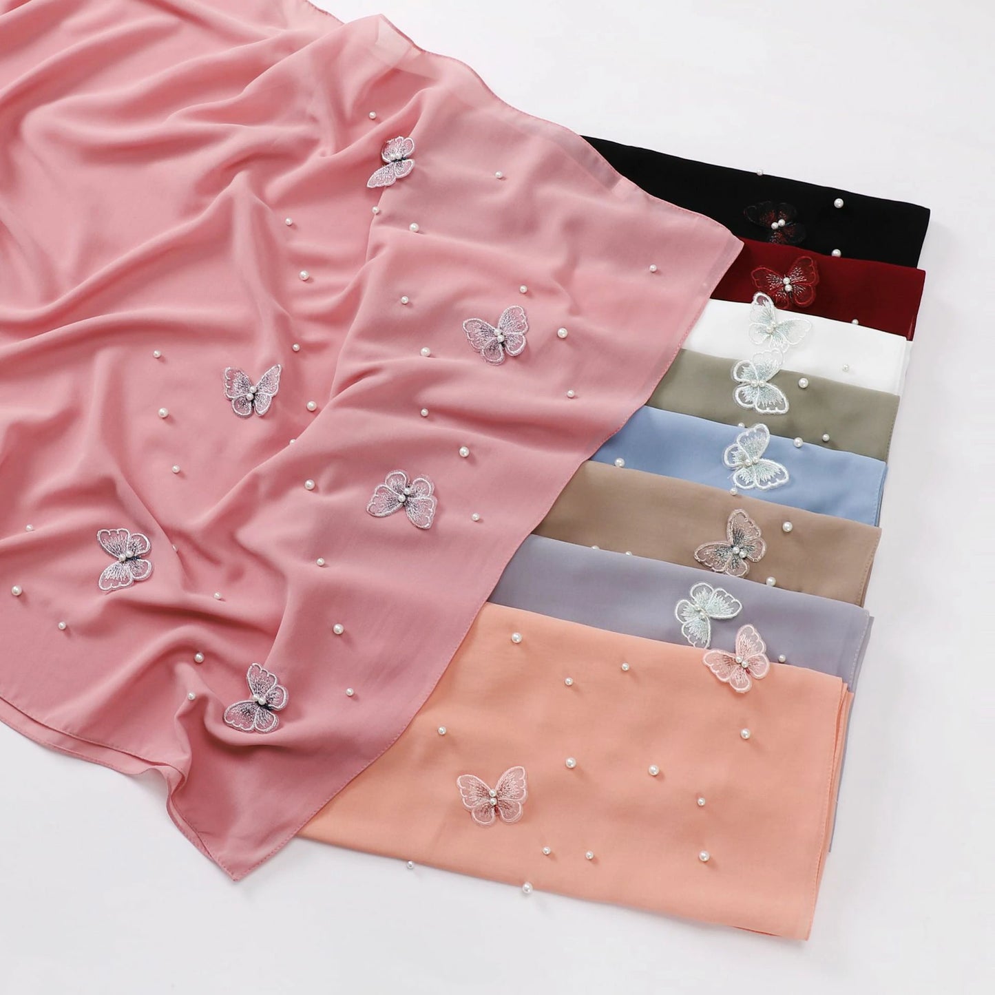 Wholesale Pearl Butterfly Chiffon Hijab 3D Embroidered Cloud Dancer Muslim Scarf Shawl