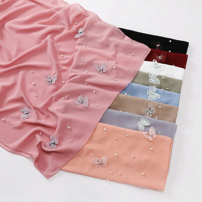 Wholesale Pearl Butterfly Chiffon Hijab 3D Embroidered Cloud Dancer Muslim Scarf Shawl
