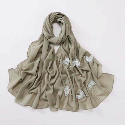 Wholesale Pearl Butterfly Chiffon Hijab 3D Embroidered Cloud Dancer Muslim Scarf Shawl