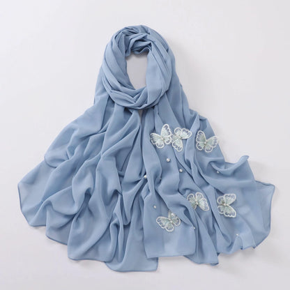 Wholesale Pearl Butterfly Chiffon Hijab 3D Embroidered Cloud Dancer Muslim Scarf Shawl