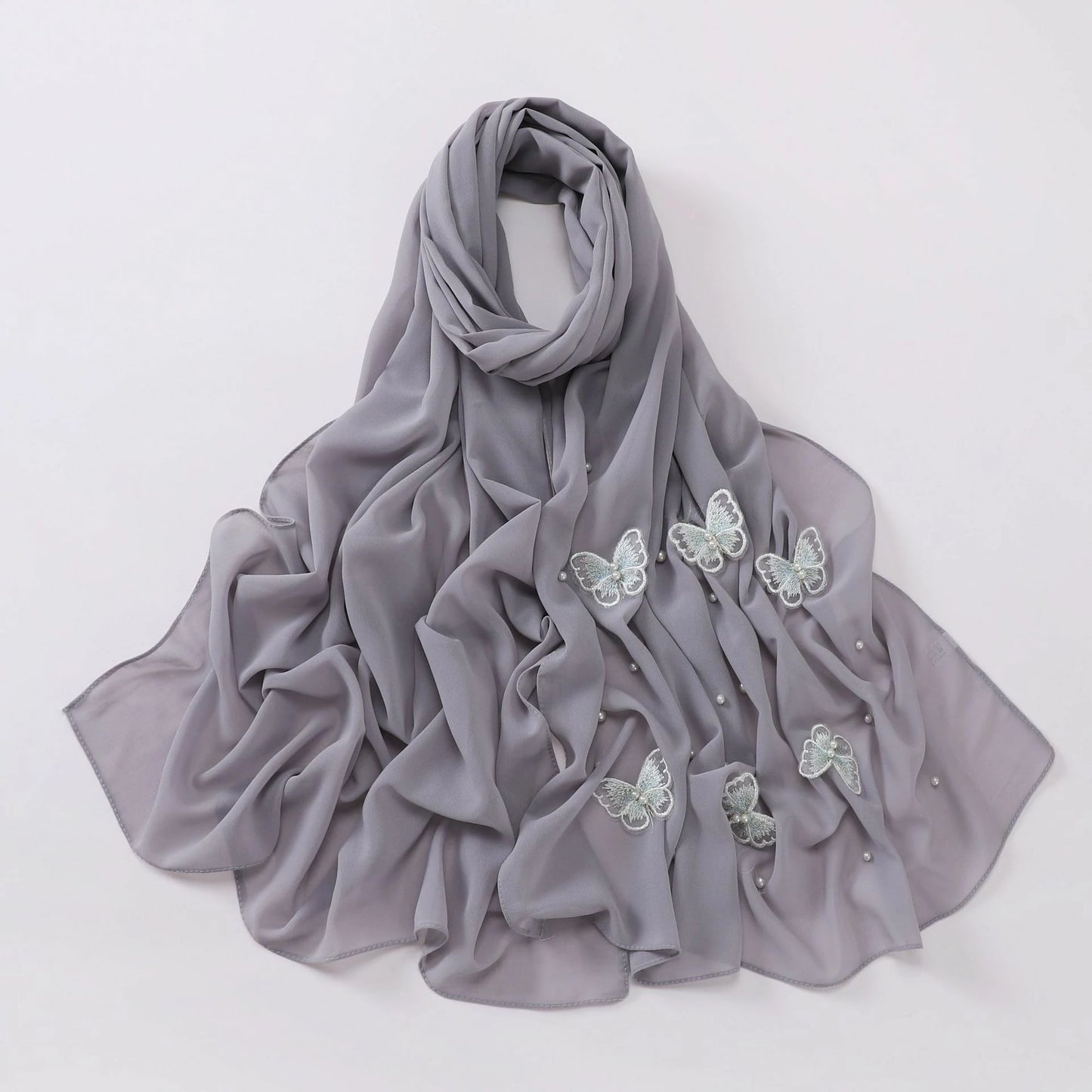 Wholesale Pearl Butterfly Chiffon Hijab 3D Embroidered Cloud Dancer Muslim Scarf Shawl