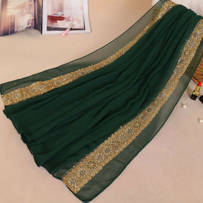 Green Lace Rhinestone Flowers Scarf