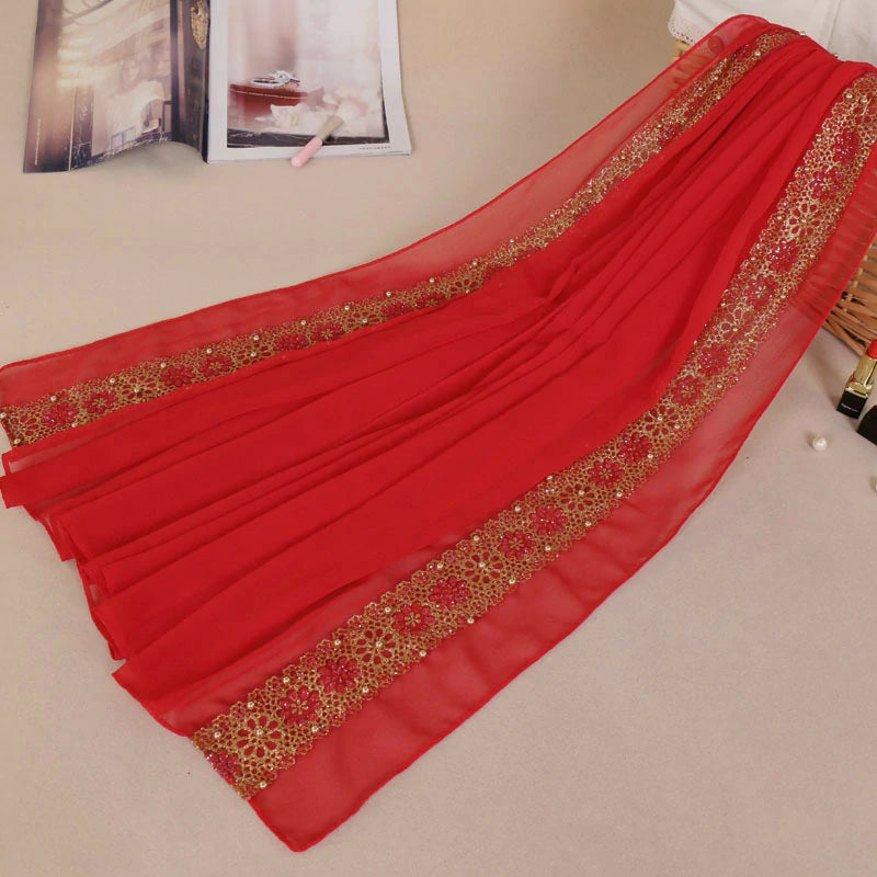 Red Lace Rhinestone Flowers Scarf