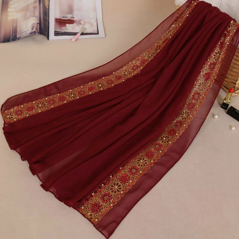 Red Lace Rhinestone Flowers Scarf