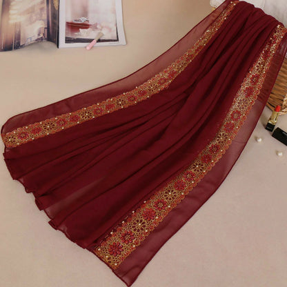 Red Lace Rhinestone Flowers Scarf