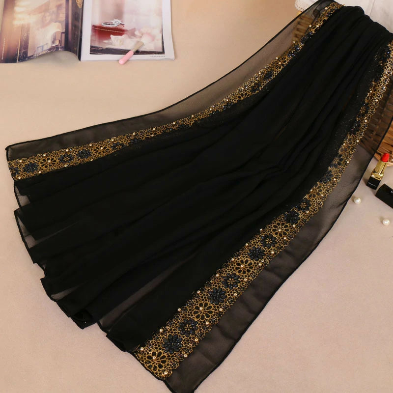 black Lace Rhinestone Flowers Scarf