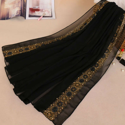 black Lace Rhinestone Flowers Scarf