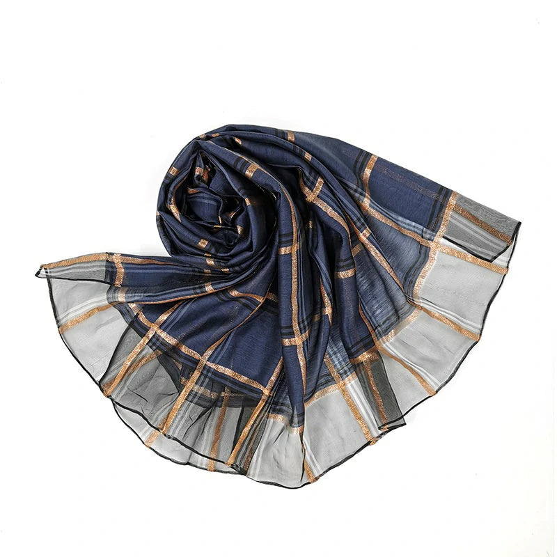 Wholesale Plaid Gold Thread Silk Scarf Gold Thread Checkered Hijab