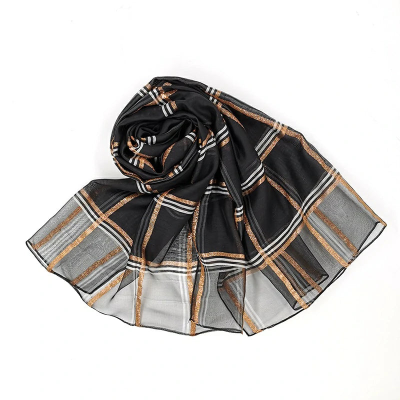 Wholesale Plaid Gold Thread Silk Scarf Gold Thread Checkered Hijab