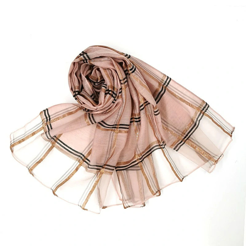Wholesale Plaid Gold Thread Silk Scarf Gold Thread Checkered Hijab