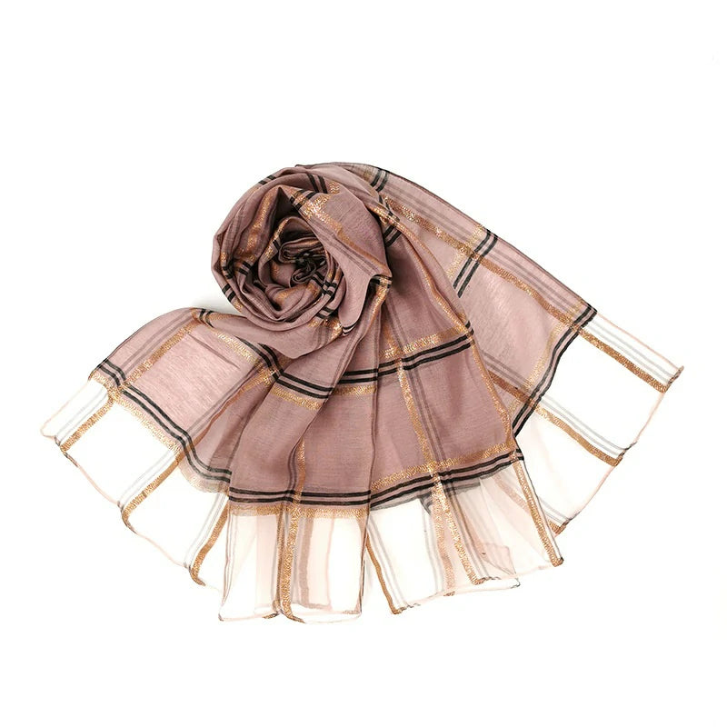 Wholesale Plaid Gold Thread Silk Scarf Gold Thread Checkered Hijab