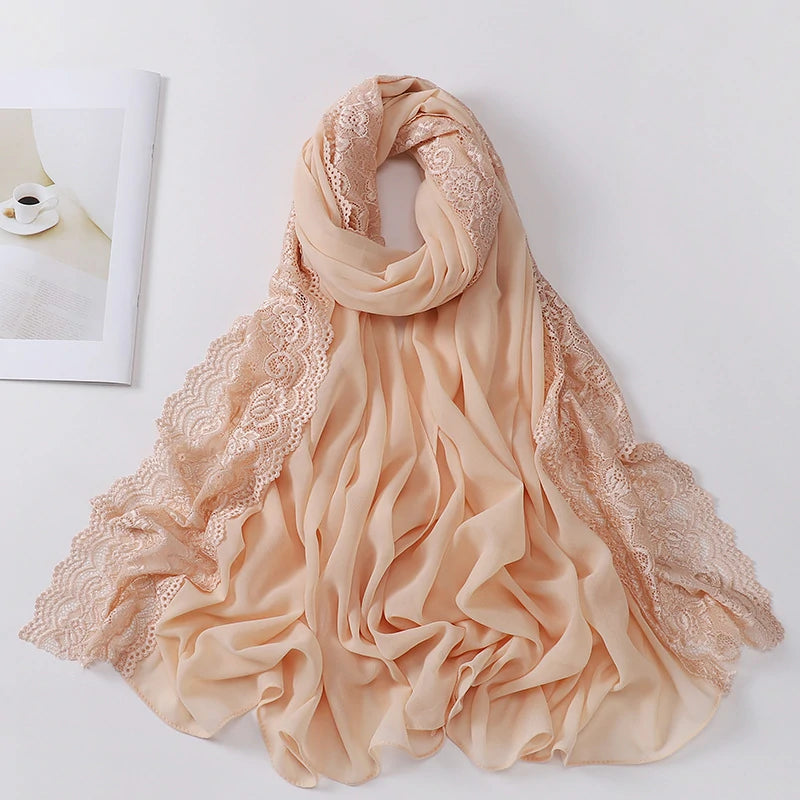 Wholesale Premium Chiffon Hijab Cloud Dancer Wide Floral Lace Trim Elegant Lace Edge Scarf