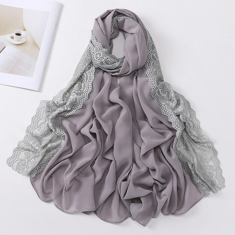 Wholesale Premium Chiffon Hijab Cloud Dancer Wide Floral Lace Trim Elegant Lace Edge Scarf