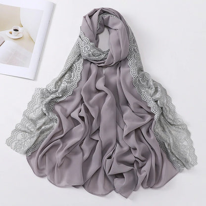Wholesale Premium Chiffon Hijab Cloud Dancer Wide Floral Lace Trim Elegant Lace Edge Scarf