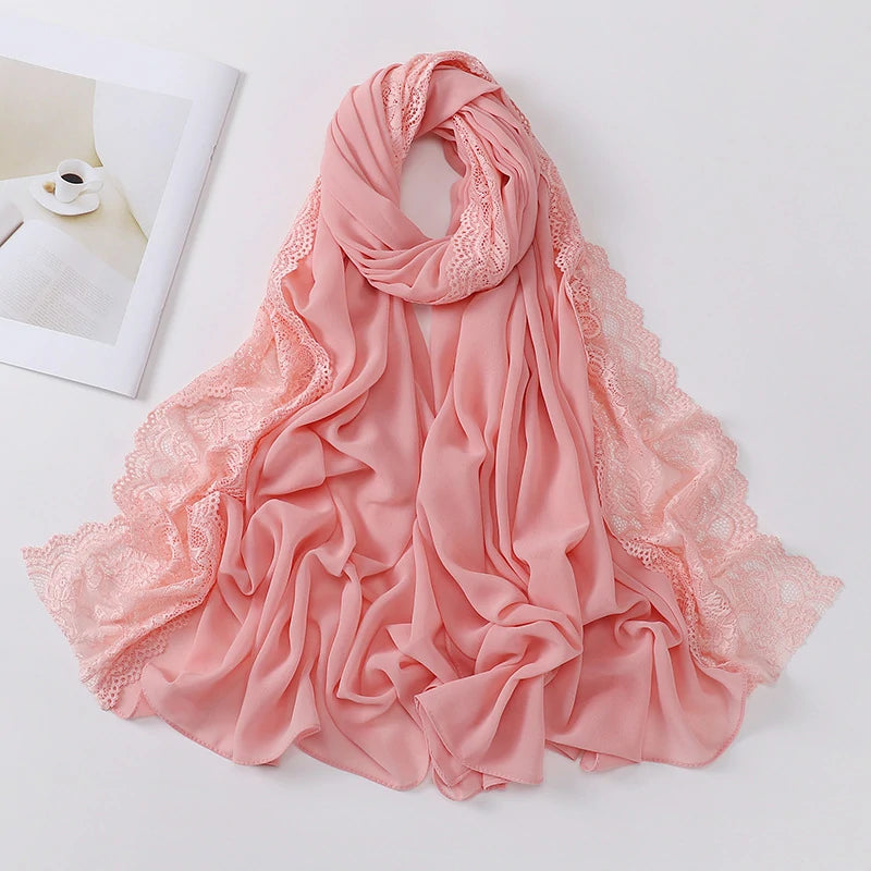 Wholesale Premium Chiffon Hijab Cloud Dancer Wide Floral Lace Trim Elegant Lace Edge Scarf