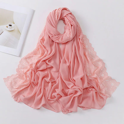 Wholesale Premium Chiffon Hijab Cloud Dancer Wide Floral Lace Trim Elegant Lace Edge Scarf