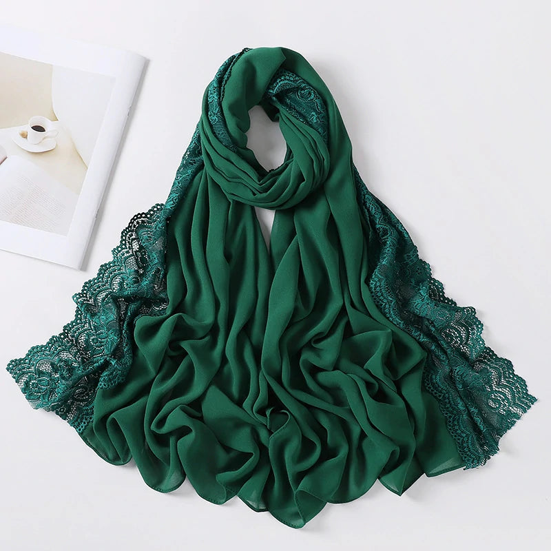 Wholesale Premium Chiffon Hijab Cloud Dancer Wide Floral Lace Trim Elegant Lace Edge Scarf