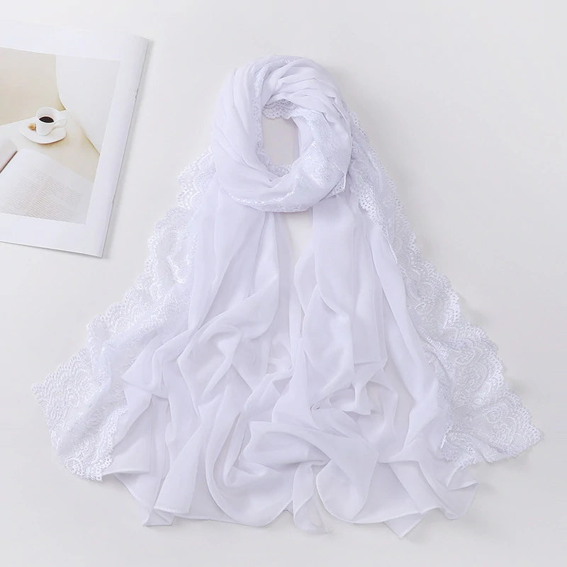 Wholesale Premium Chiffon Hijab Cloud Dancer Wide Floral Lace Trim Elegant Lace Edge Scarf