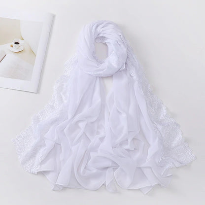 Wholesale Premium Chiffon Hijab Cloud Dancer Wide Floral Lace Trim Elegant Lace Edge Scarf