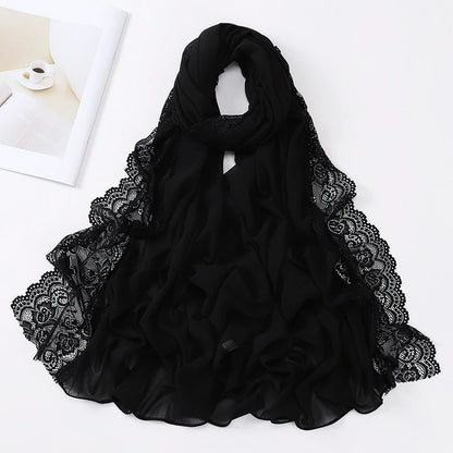 Wholesale Premium Chiffon Hijab Cloud Dancer Wide Floral Lace Trim Elegant Lace Edge Scarf