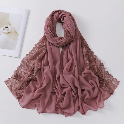 Wholesale Premium Chiffon Hijab Cloud Dancer Wide Floral Lace Trim Elegant Lace Edge Scarf