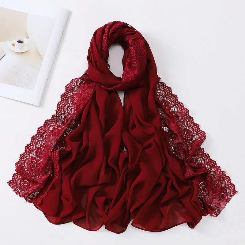 Wholesale Premium Chiffon Hijab Cloud Dancer Wide Floral Lace Trim Elegant Lace Edge Scarf