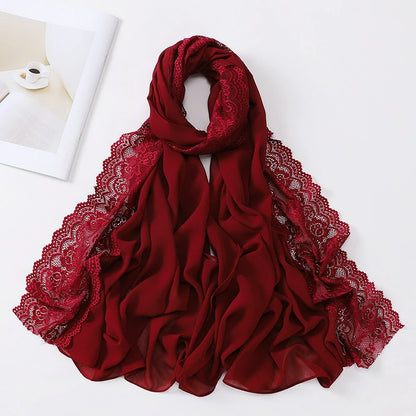 Wholesale Premium Chiffon Hijab Cloud Dancer Wide Floral Lace Trim Elegant Lace Edge Scarf