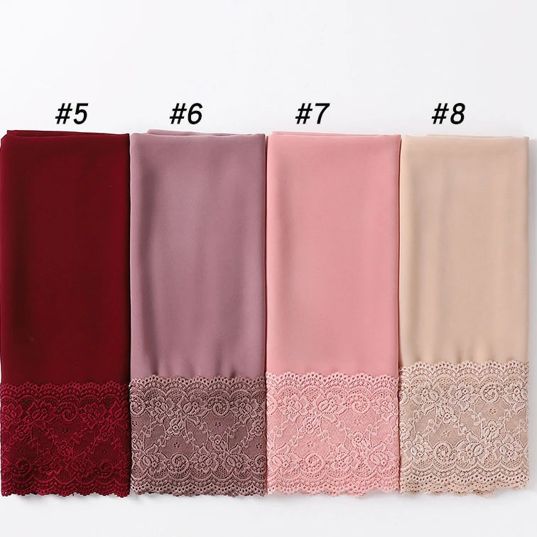 Wholesale Premium Chiffon Hijab Cloud Dancer Wide Floral Lace Trim Elegant Lace Edge Scarf