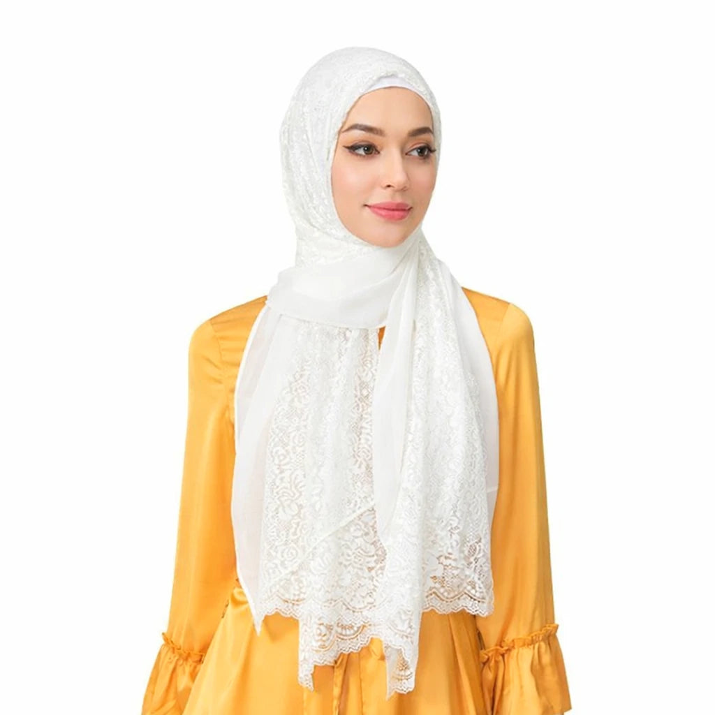 Wholesale Premium Chiffon Hijab Cloud Dancer Wide Floral Lace Trim Elegant Lace Edge Scarf