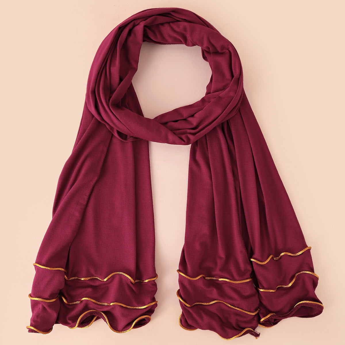 Wholesale Premium Jersey Hijab Ruffled Gold Edge Modest Scarf