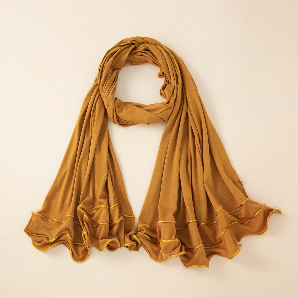 Wholesale Premium Jersey Hijab Ruffled Gold Edge Modest Scarf