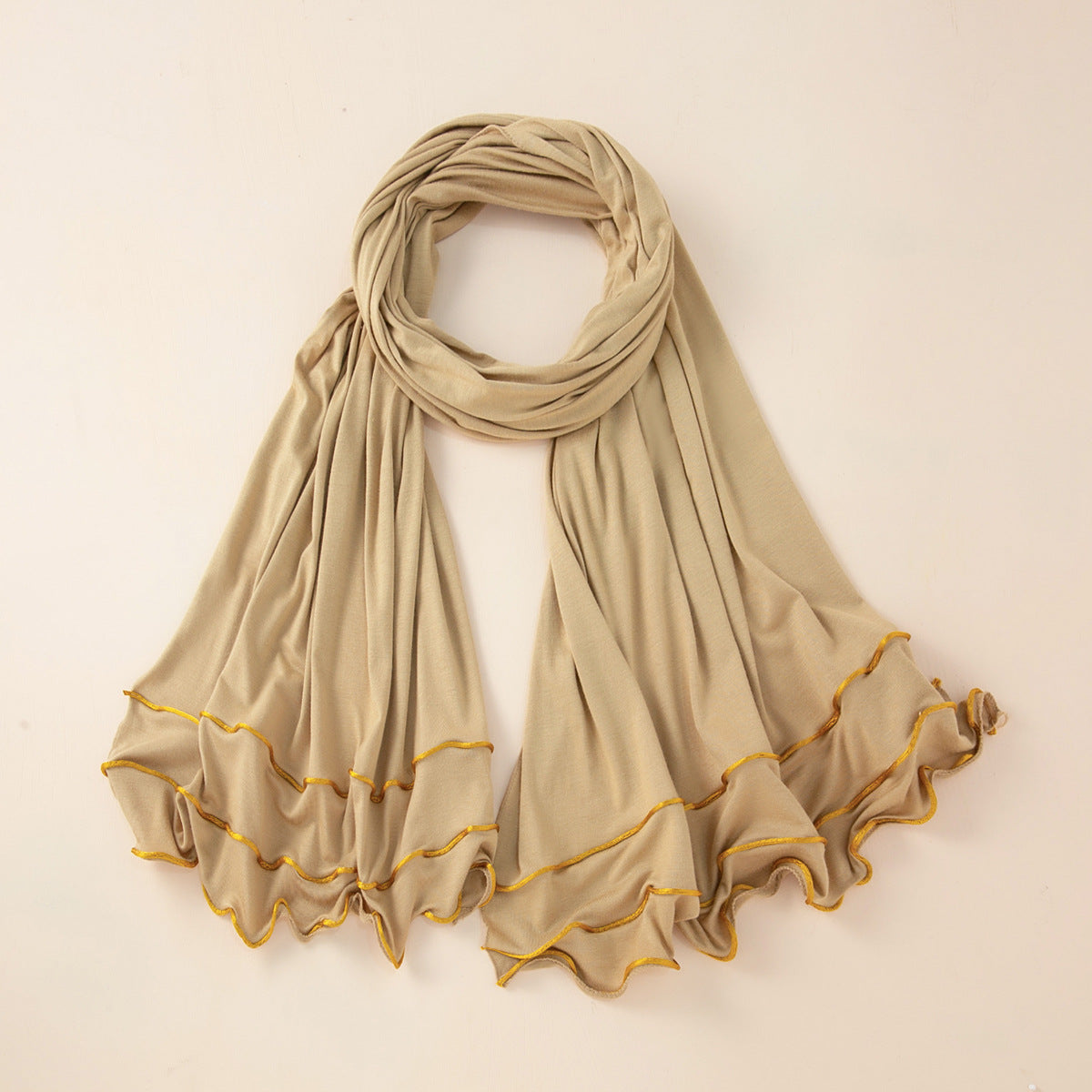 Wholesale Premium Jersey Hijab Ruffled Gold Edge Modest Scarf