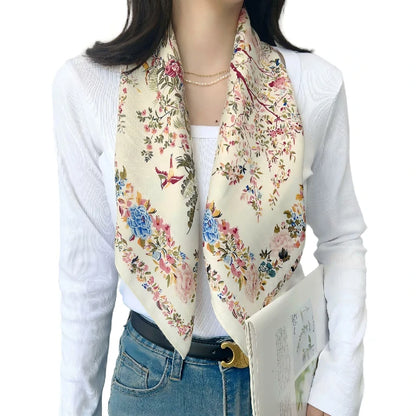 Wholesale Square Silk Scarf Women Floral Bird Print Versatile Neck Head Bag Accessory
