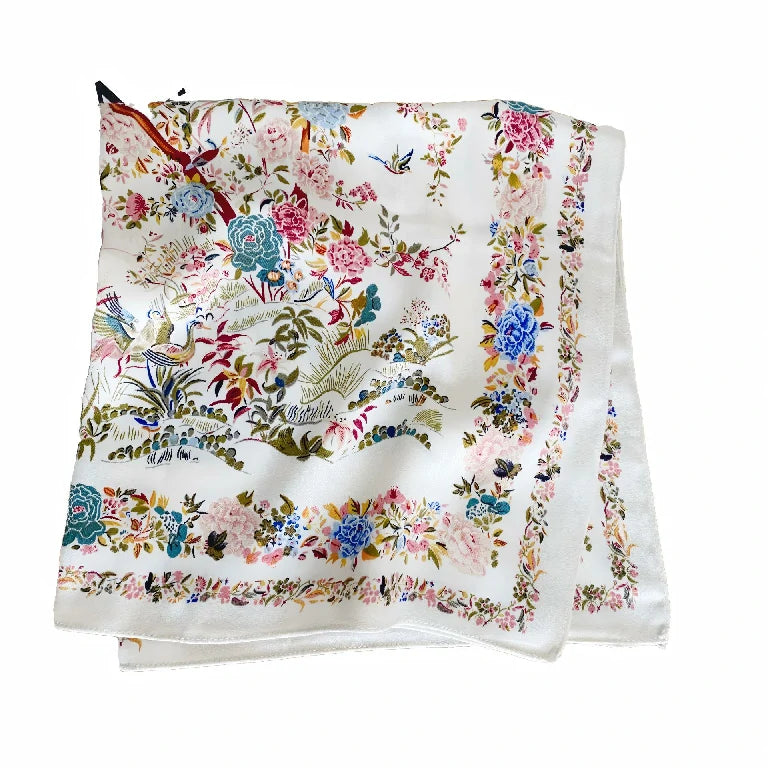 Wholesale Square Silk Scarf Women Floral Bird Print Versatile Neck Head Bag Accessory