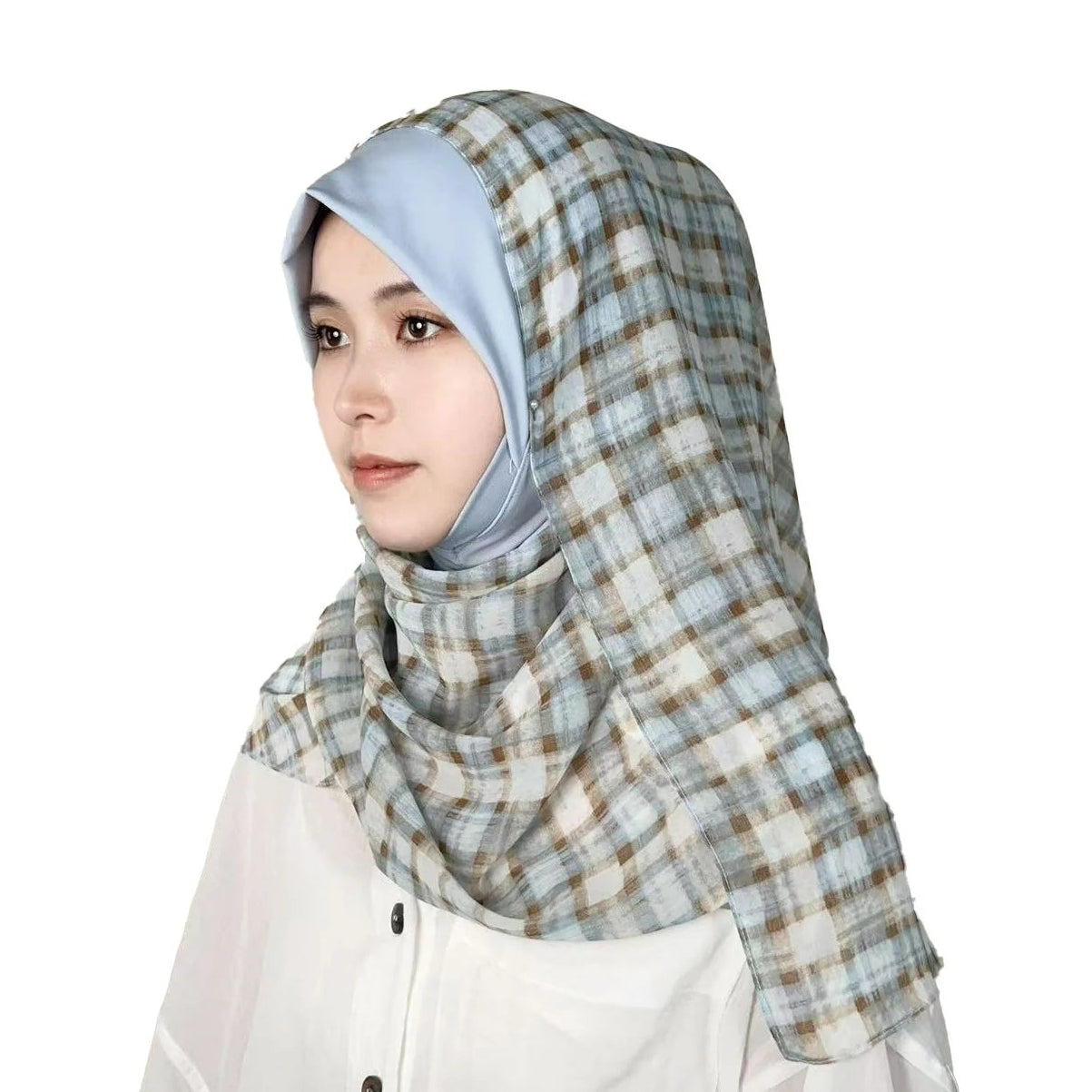 Wholesale Tudung Chiffon Plaid Instant Hijab with Soft Awning Muslim Headscarf