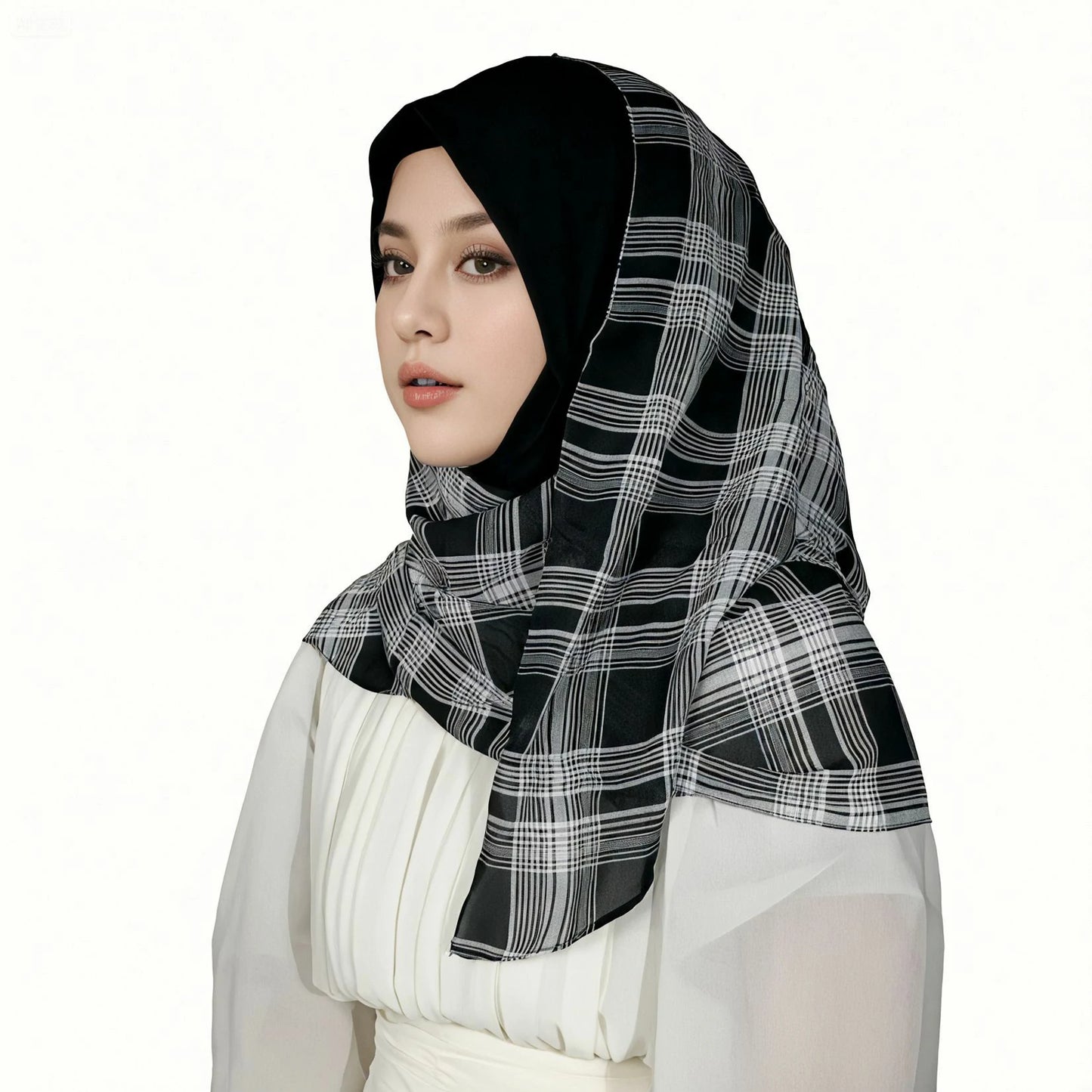 Wholesale Tudung Chiffon Plaid Instant Hijab with Soft Awning Muslim Headscarf