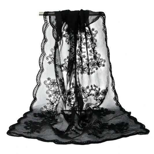 Wholesale Women's Floral Embroidered Sheer Organza Scarf