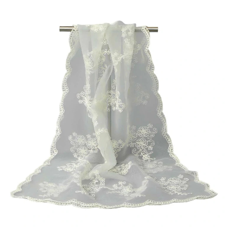 Wholesale Women's Floral Embroidered Sheer Organza Scarf