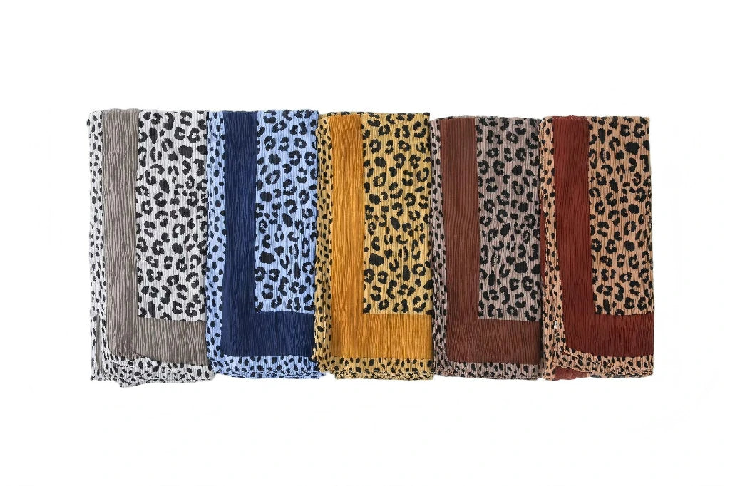 Wholesale Women's Leopard Print Pleated Crinkle Scarf Lightweight Hijab