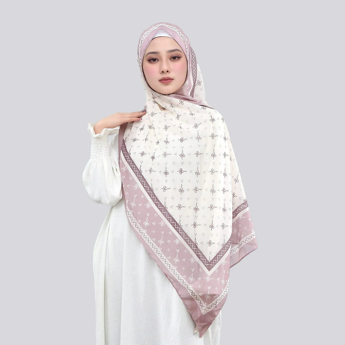 Wholesale Women's Mauve Bow Print Chiffon Square Hijab Scarf