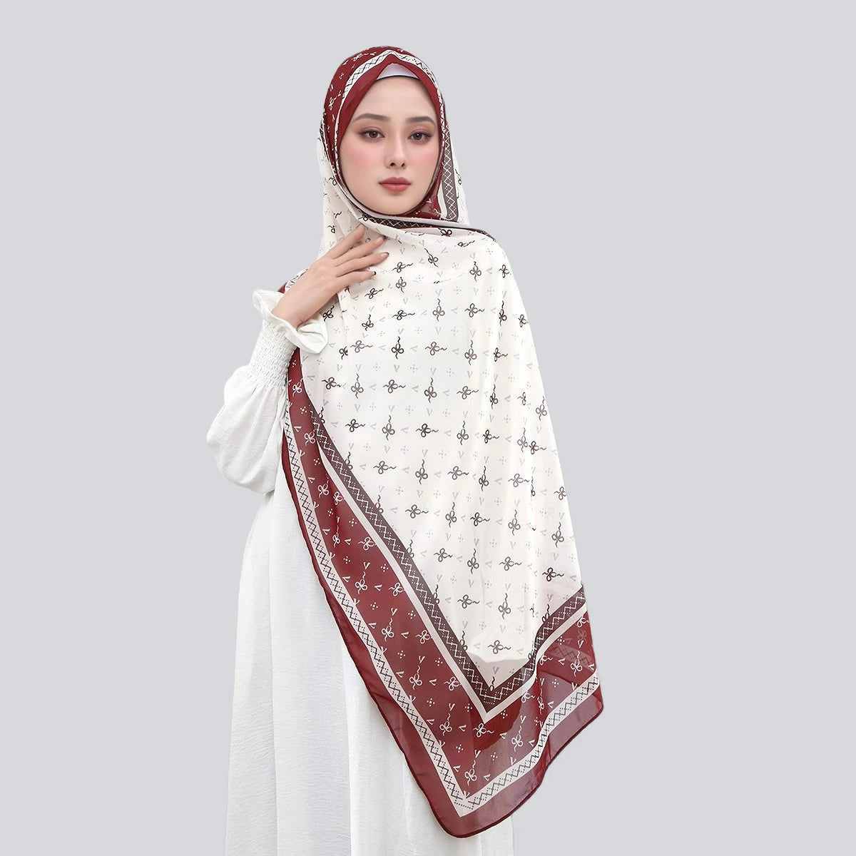 Wholesale Women's Mauve Bow Print Chiffon Square Hijab Scarf