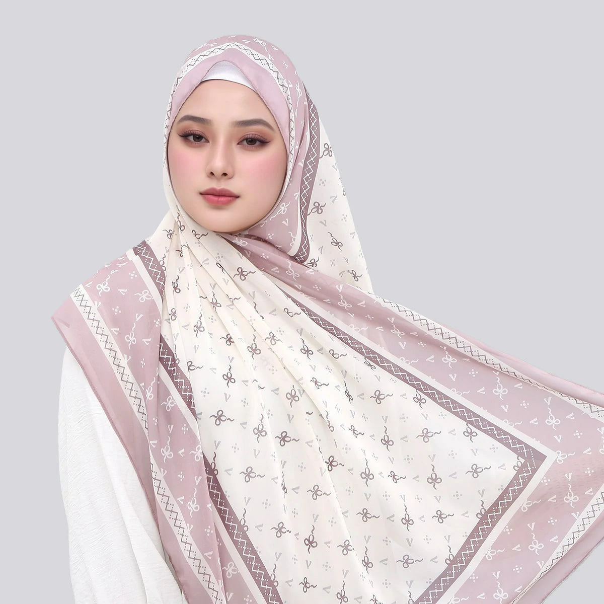 Wholesale Women's Mauve Bow Print Chiffon Square Hijab Scarf